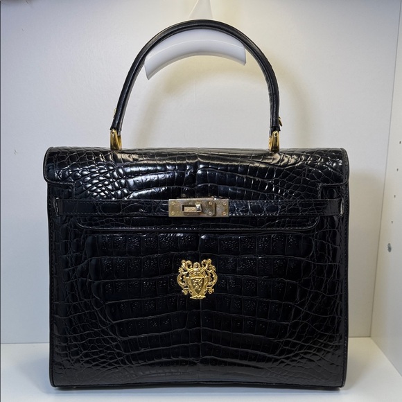 Vintage Monte Carlo Black Croc-Embossed Satchel Made in Italy - Picture 1 of 16
